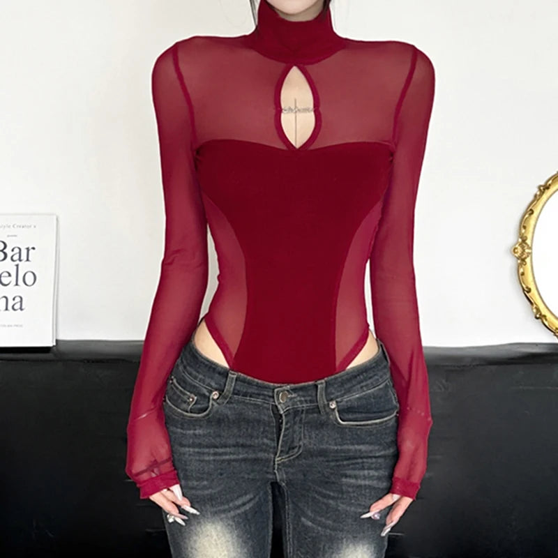Hollow Out Mesh Bodysuit – Slim-Fit, Turtleneck, Long Sleeve, Korean Chic Elegance