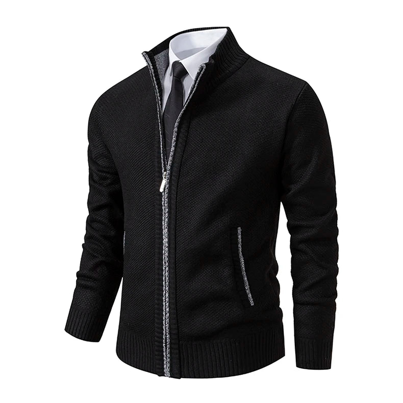 Jersey Men's Casual Sports Coat – Solid Color Stand Collar Sweater, Fleece-Lined, Warm Zipper Cardigan