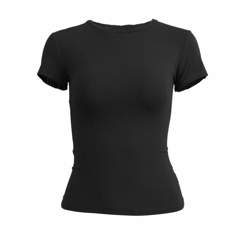 Women's Short Sleeve T-Shirt – Slim Fit, O-Neck, Knitted Sheath, Sporty Streetwear Y2K