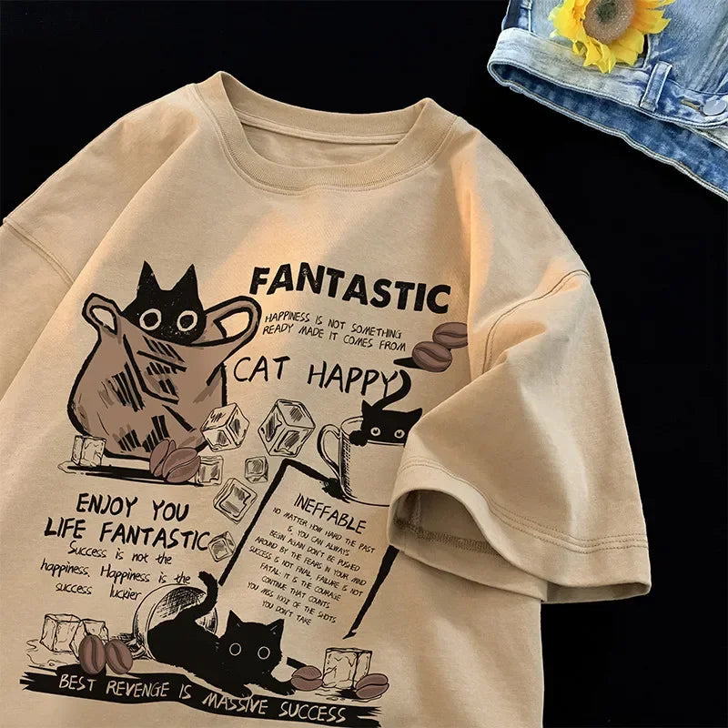 Oversized Cartoon Cat T-Shirt – Unisex Korean Style, Casual Short Sleeve Couple Tee