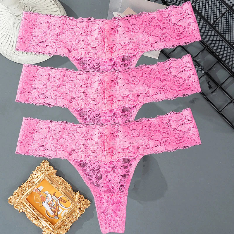 3PCS Lace Floral Thong Panties – Low Waist, Breathable, Sexy, Transparent, Solid Color Women's Underwear