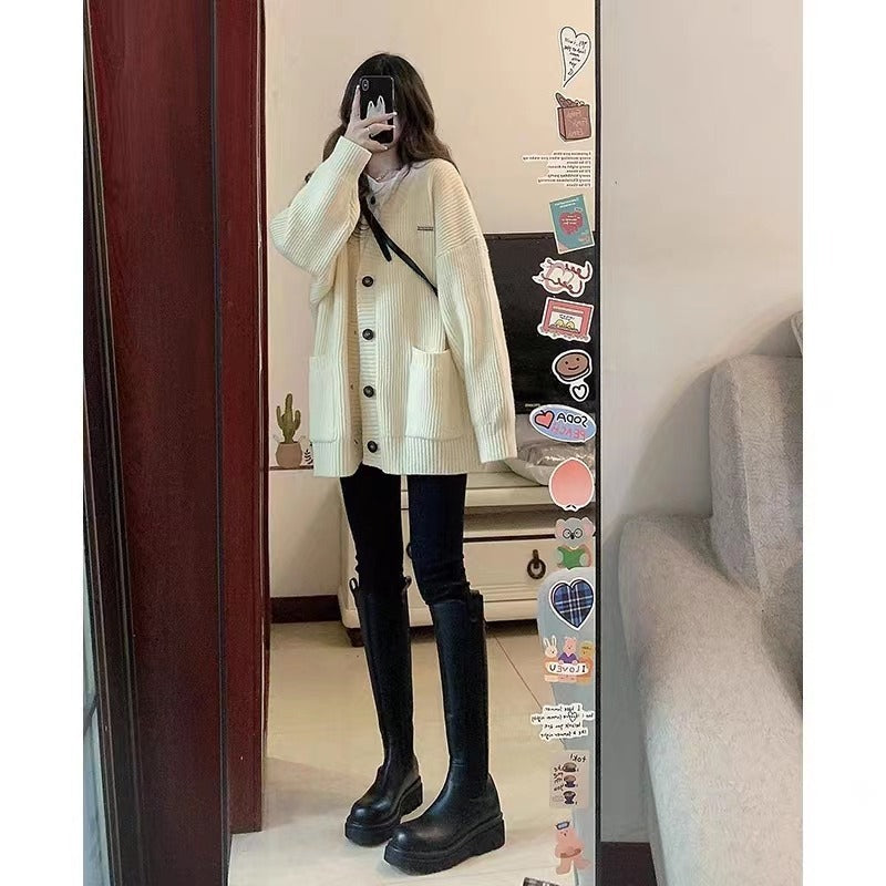 Women's Knitted Cardigan – V-Neck, Loose Fit, Long Sleeve, Casual Autumn Winter Jacket