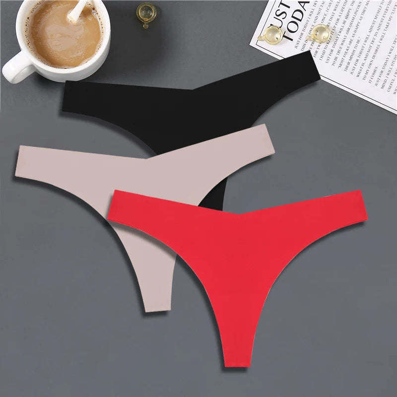 3PCS Women Ice Silk Seamless Thongs – Sexy V-Waist, Low Rise, Sporty, Breathable, 10 Solid Colors