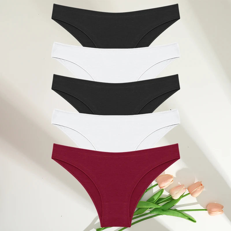 5PCS Set Women's Cotton Panties – Sexy Lingerie, Soft Underwear, Comfortable Briefs, 7 Solid Colors