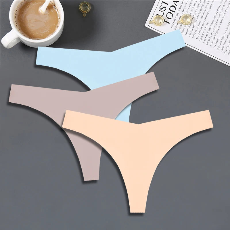 3PCS Women Ice Silk Seamless Thongs – Sexy V-Waist, Low Rise, Sporty, Breathable, 10 Solid Colors