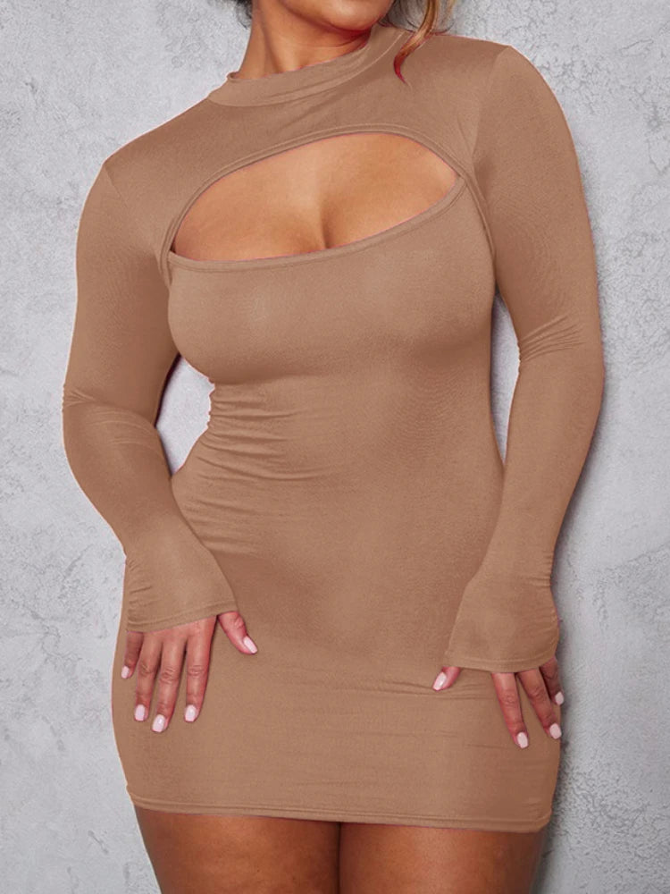 Sexy Wrap Chest Hollow Out Elastic Slim Bodycon Dress – Women Long Sleeved Solid Color Skinny Dress Evening Club Party Vestidos