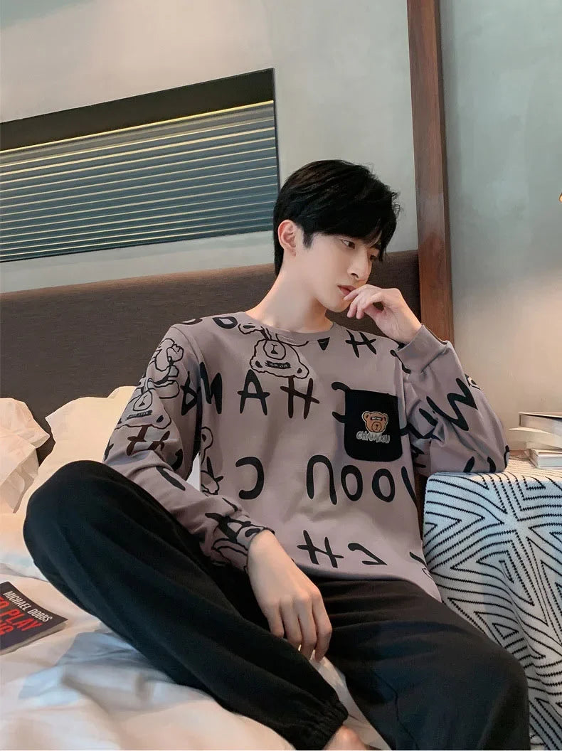 Men's Pajamas Set – 2PCS, Plus Size, Long Sleeve, Loose Fit, Breathable, Cartoon Bear & Striped Letters, Crew Neck Loungewear