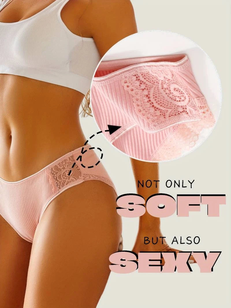5PCS Set Women's Cotton Panties – Sexy Lace Briefs, Ribbed Lingerie, Hollow Out Design, Low Rise Underwear