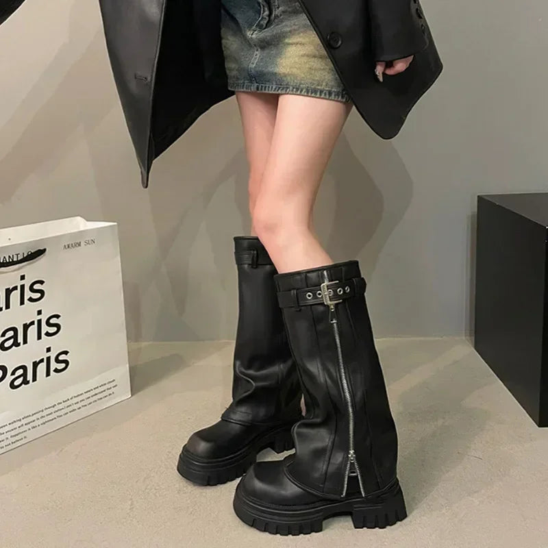 Winter Women Biker Boots – Fashion Belt Buckle, Elegant Platform Knee-High Booties for Ladies