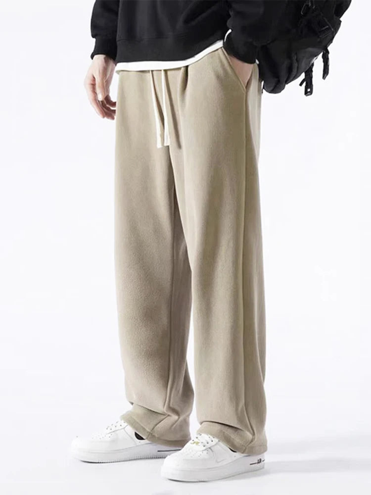Men's Sweatpants – Korean Fashion, Thick Warm Fleece, Wide Leg Straight Fit, Casual Thermal Velvet Trousers for Winter