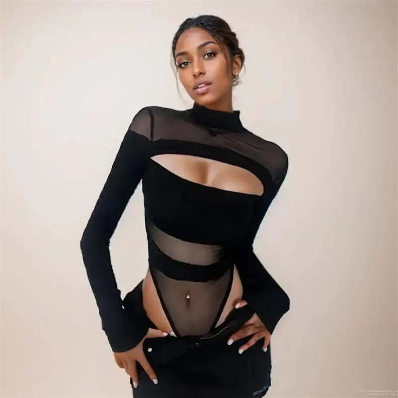 Women's Sexy Hollow Bodysuit – Long Sleeved Mesh Top, Solid Fashion, Half High Collar, Y2K Clubwear