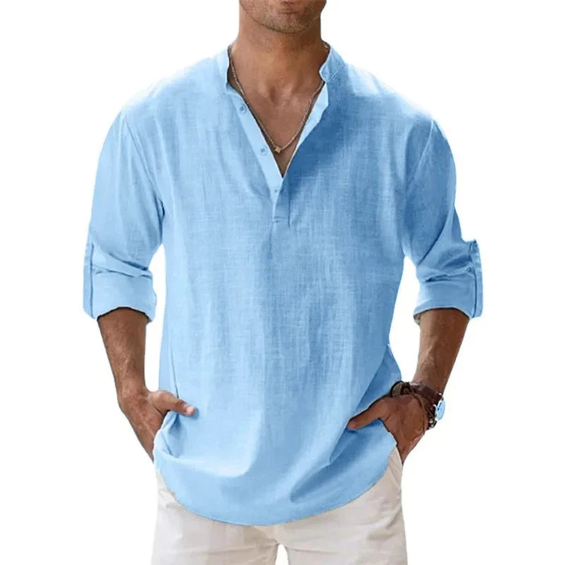 Streetwear Men Lightweight Shirts – Long Sleeve Henley Cotton Linen Shirts for Men, Beach Hawaiian Shirts, Breathable Collar T-shirts