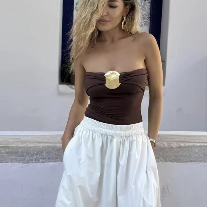 Women's Sexy Bodysuit – Sleeveless, Thong Design, Gold Glitter Bow, Corset Style, Off-Shoulder, Rave Festival Outfit