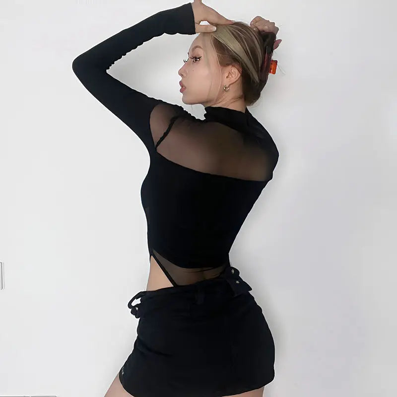 Women's Sexy Hollow Bodysuit – Long Sleeved Mesh Top, Solid Fashion, Half High Collar, Y2K Clubwear