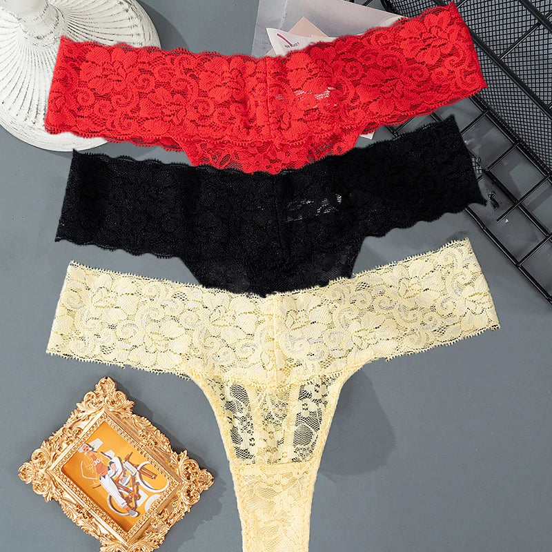 3PCS Lace Floral Thong Panties – Low Waist, Breathable, Sexy, Transparent, Solid Color Women's Underwear