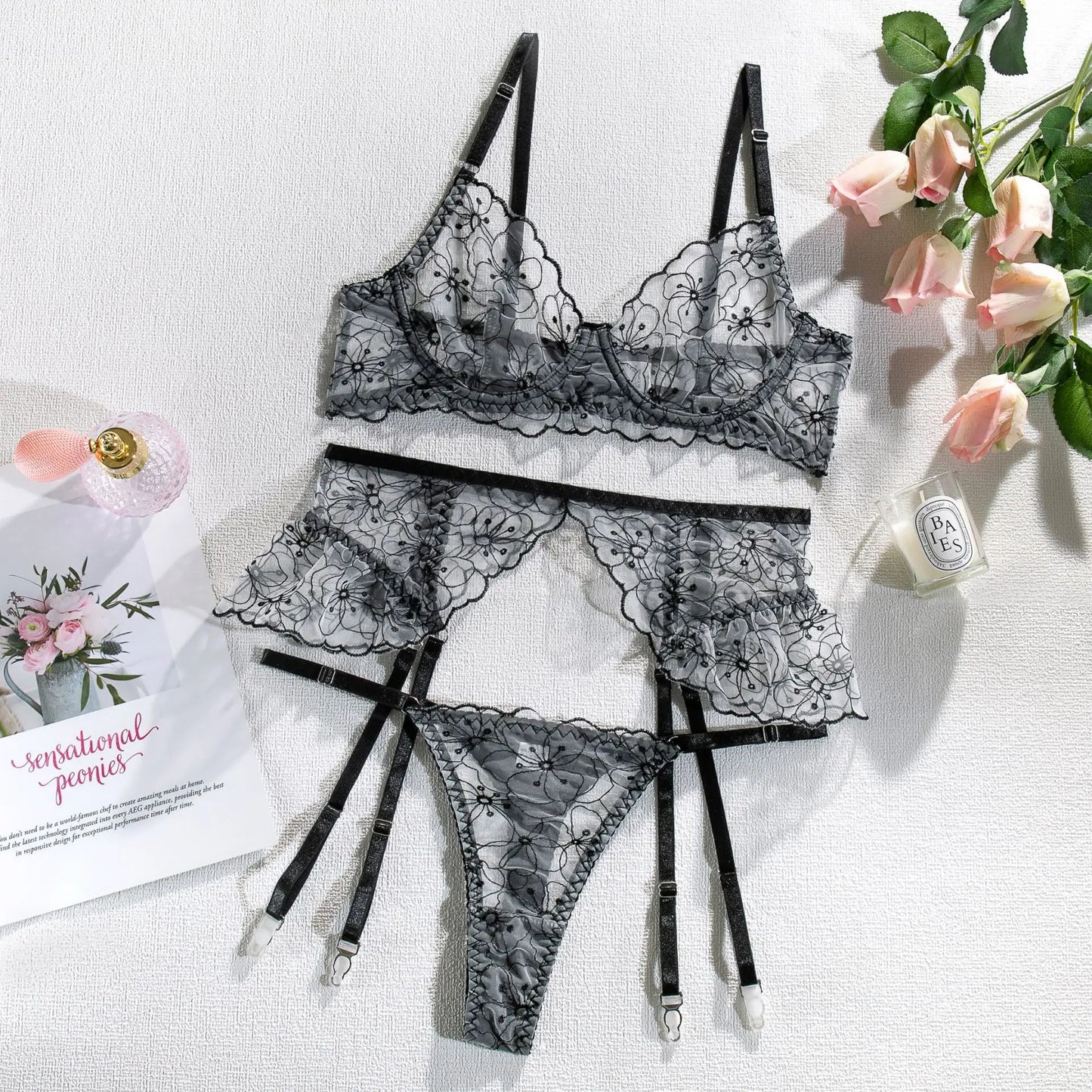 Floral Embroidery Erotic Set – Women's Transparent 3PCS Lingerie Set with Garter, Available in 3 Colors