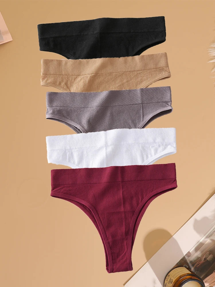 5PCS Seamless Ribbed Striped Panties – Sexy Low-Waist, Brazilian Style, Solid Color, G-String Lingerie