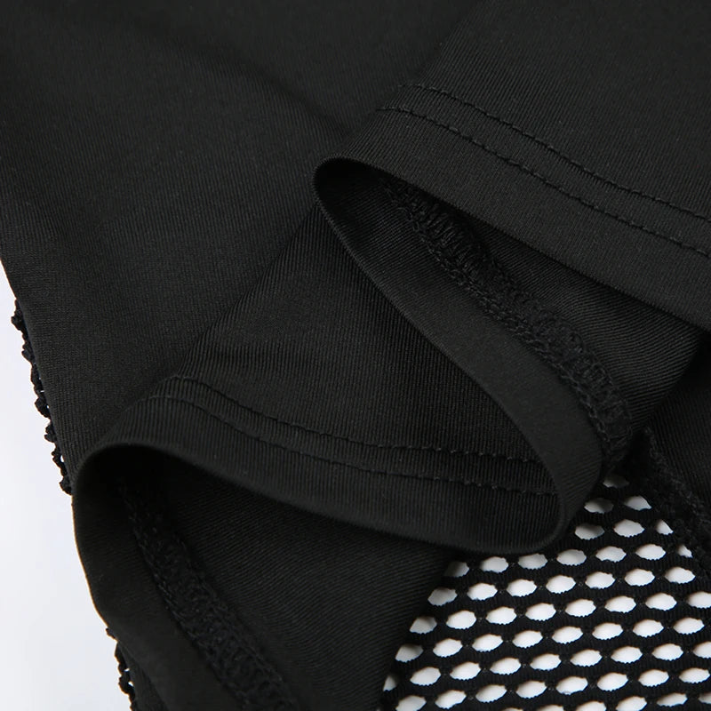Goth Mesh Patchwork Crop Top – Sexy Hollow-Out, Long Sleeve, Eyelet Detail, Punk Style, Slim Fit Streetwear Tee