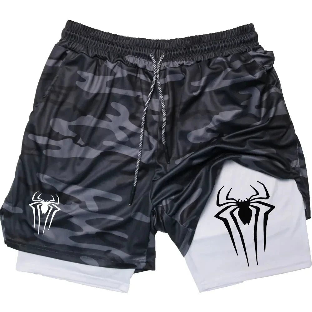Y2K Performance Shorts Men – Spider Printed, Gym Casual Sports, Compression Shorts, Workout, Running, Mesh 2-in-1 Sport Shorts