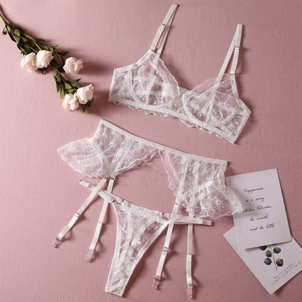 Floral Embroidery Erotic Set – Women's Transparent 3PCS Lingerie Set with Garter, Available in 3 Colors