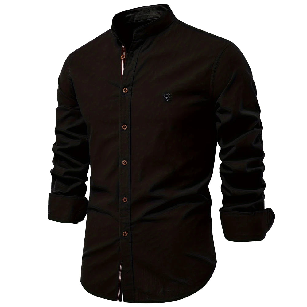 100% Cotton Social Shirt For Men – Solid Color, Long Sleeve, High Quality Brand, Spring Stand Collar, Casual Style