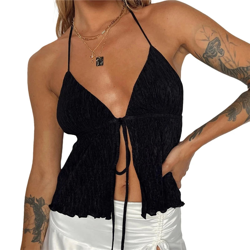 Sexy Summer Cami Top – Bowknot, Lace-Up, Sleeveless, Cropped, Elegant, Youth Fashion, Off-Shoulder, New Arrival