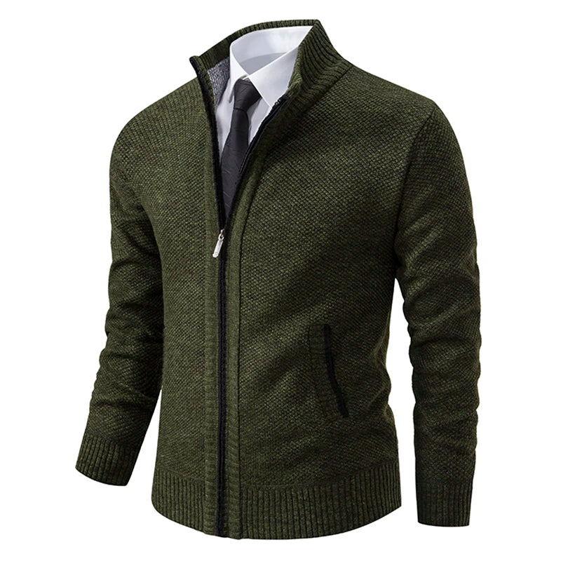 Jersey Men's Casual Sports Coat – Solid Color Stand Collar Sweater, Fleece-Lined, Warm Zipper Cardigan