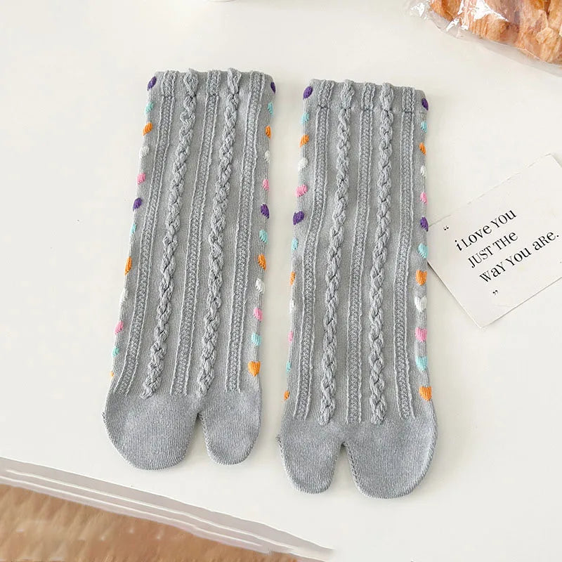 Colorful Heart Braid Five Finger Socks for Women – Spring Autumn, Middle Tube, Cotton, Breathable, Crew Socks, Streetwear