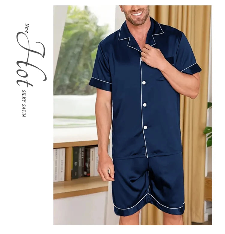 Men's Summer Pajamas Set – Short Sleeve, Button-Down Shirt with Pocket, Matching Shorts, Comfortable Loungewear Sleepwear