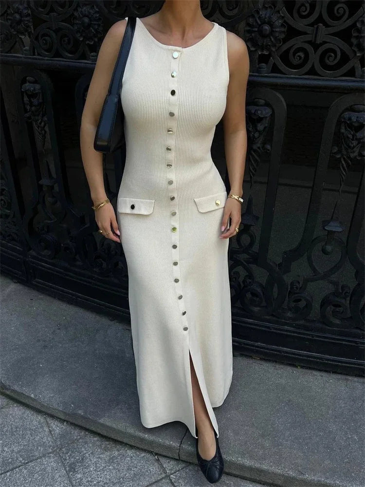 Knit Ribbed Cardigan Maxi Dress – High Waist, Slim Fit, Pocket Design, Sleeveless, Elegant, Party Dress, Women's Knitwear, Long Dress