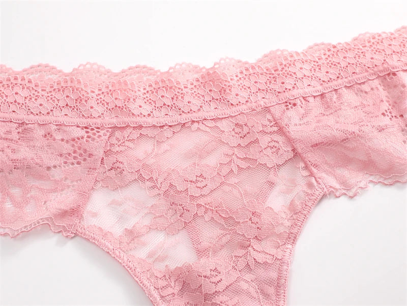 3PCS Lace Hollow Out Thong Panties – Sexy Floral Print, Solid Color, Low Waist, Breathable G-String Lingerie