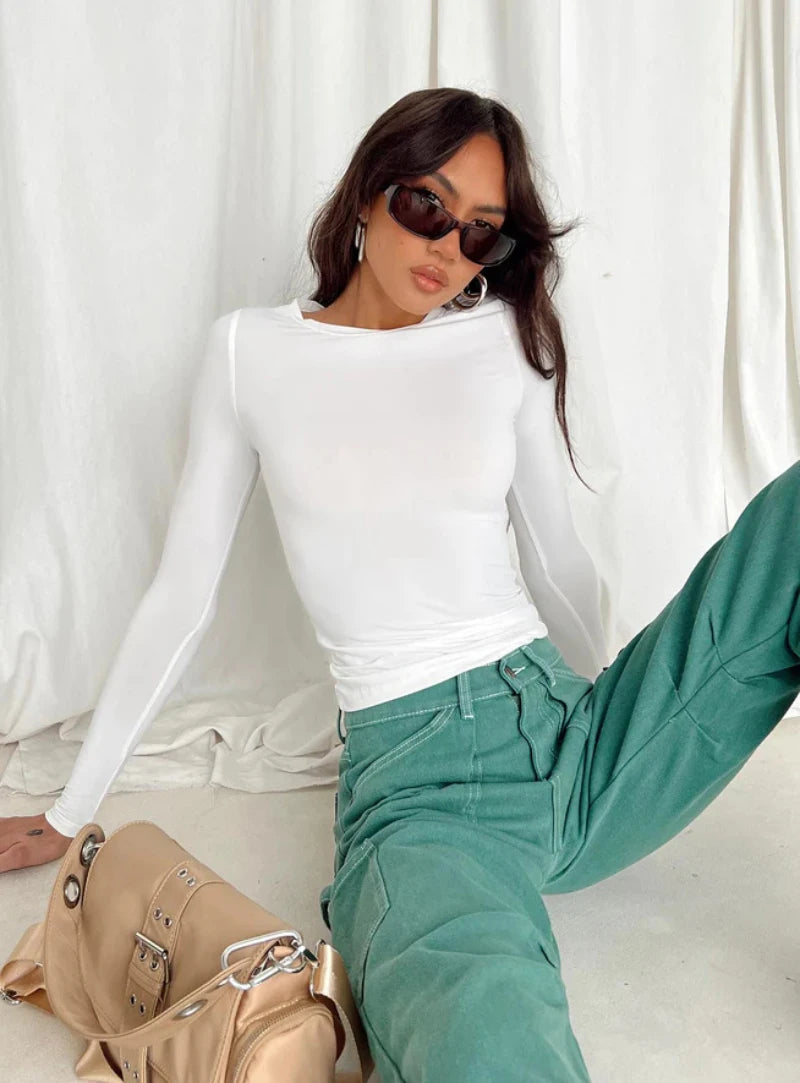 Women's Long Sleeve T-Shirt – Slim Fit, Solid Color Pullover, Basic Y2K Streetwear for Spring & Autumn