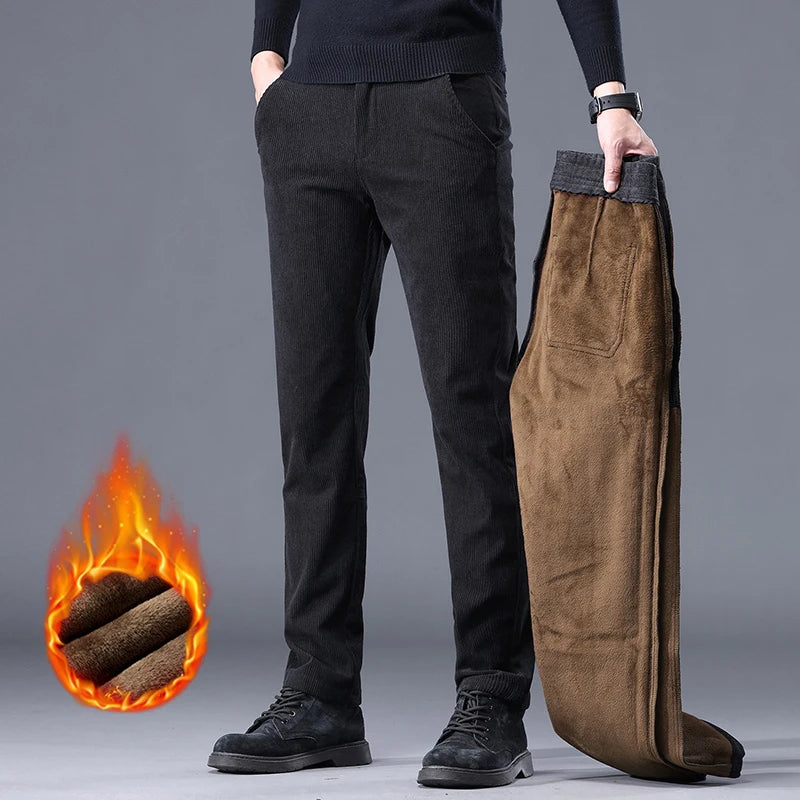 Fleece Men's Corduroy Casual Pants – Chenille Thick Stretch, Mid-Rise, Business Trousers, Winter Thermal Brand Pants