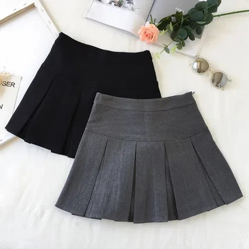 Fashion A-Line Pleated Skirt – High Waist, Zipper, Grey & Black, Student JK Style, Summer Mini Suit Skirt