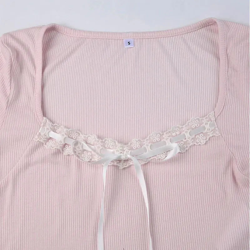 Cute Bandage Bow Cropped Top – Pink Coquette Y2K Square Collar Tee for Spring & Fall