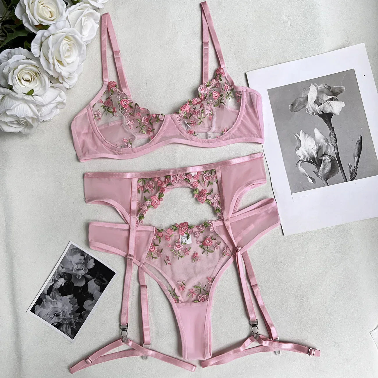 Lady's Fantasy Mesh Transparent Heavy Embroidery Floral Lingerie Set – Sexy Underwear for Women, 3-Piece Intimate Desire Hot Girl 18+