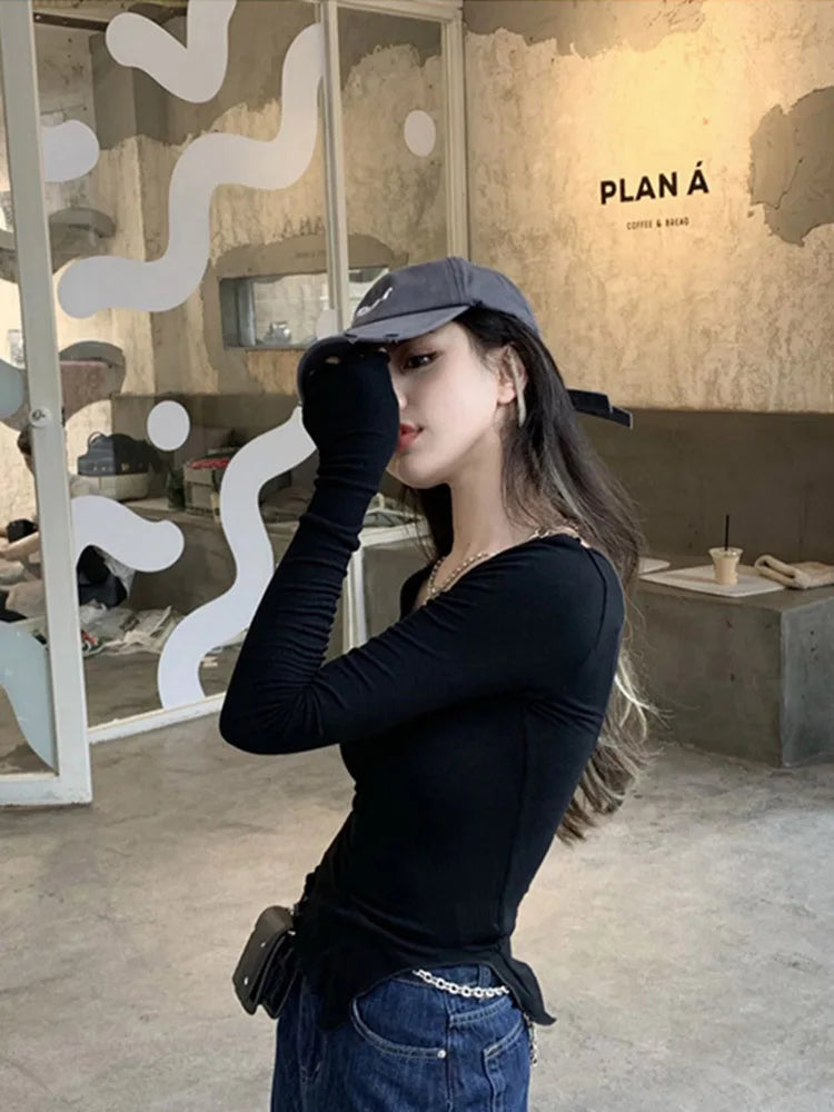 Women's Long Sleeve T-Shirt – Knitted, Slender Fit, Irregular Hem, Chic Ulzzang Autumn Wear