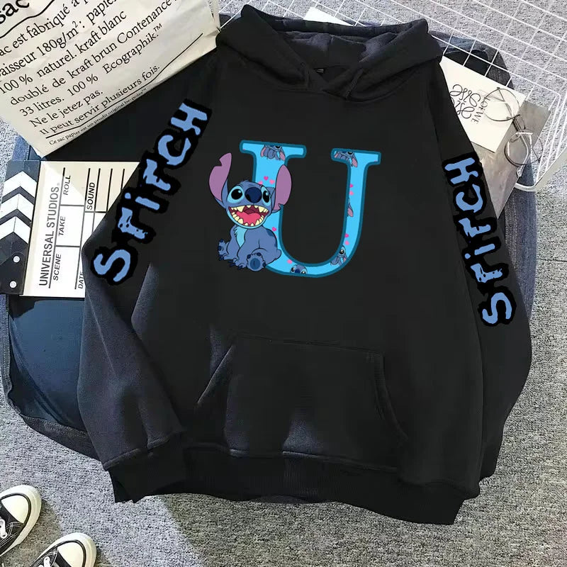 Women's Winter Disney Hoodie – Cute Kawaii Lilo & Stitch, Lucky Letter Print, Black, Fashion Couple Streetwear (Big Size)