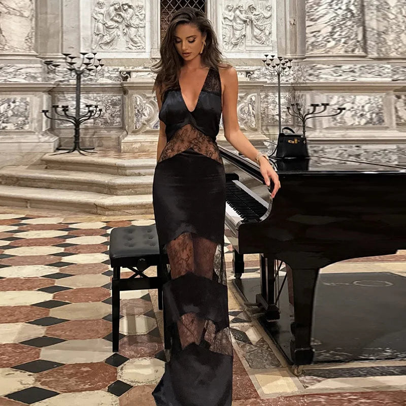 Lace See-Through Sling Maxi Dress – Sexy Slim Black Backless Sleeveless Long Dress, Summer Chic Party Evening Robe