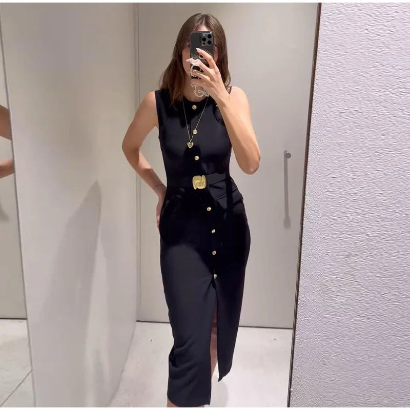 Urban Women Single-Breasted Dress – O-Neck, Sleeveless, Pocket Design, Mid-Length, Spring/Summer, Solid Color, Elegant Lady Robe