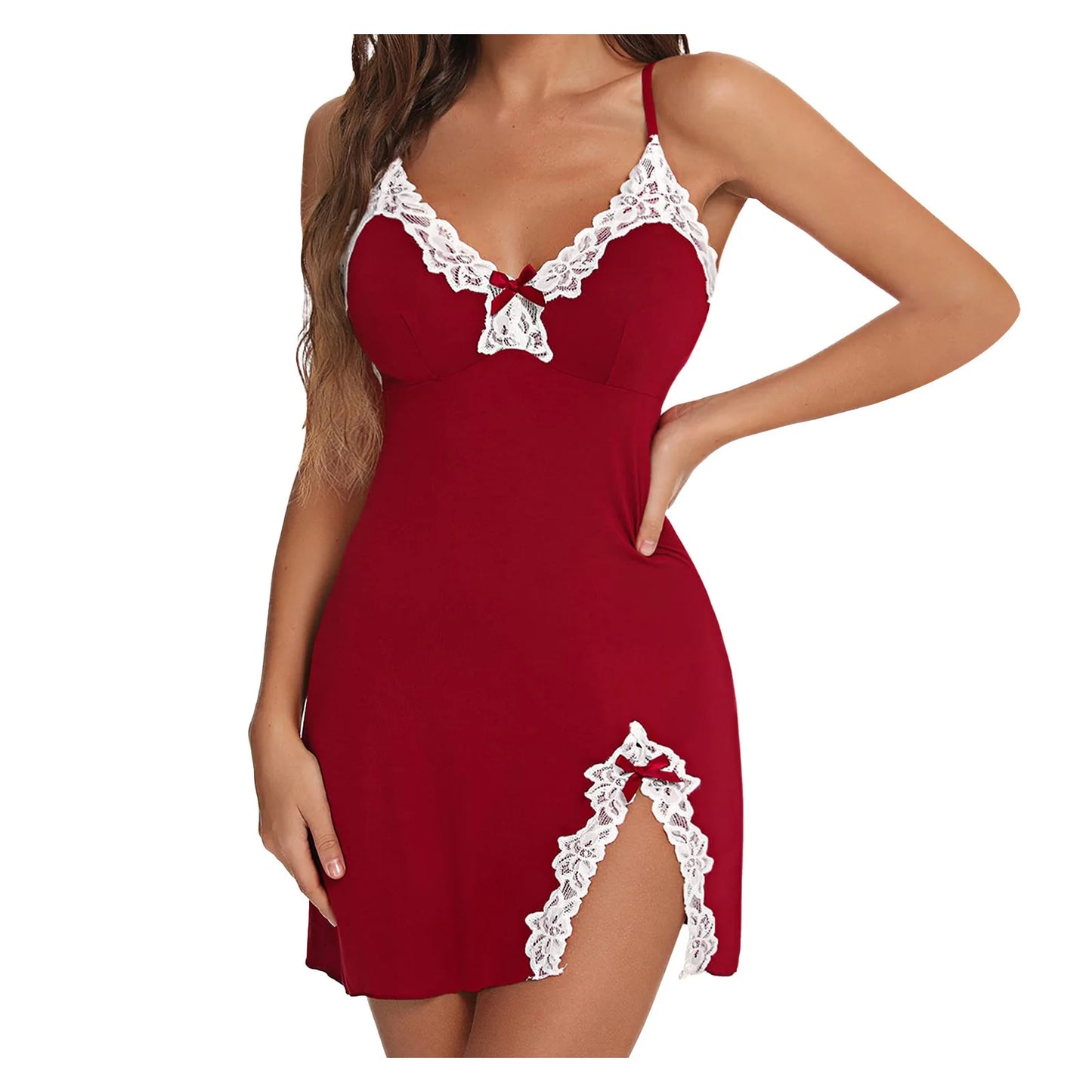 Sexy Lace Silk Satin Nightgown – Women's V-Neck Sleeveless Sleepwear, Soft Lingerie with Split Hem