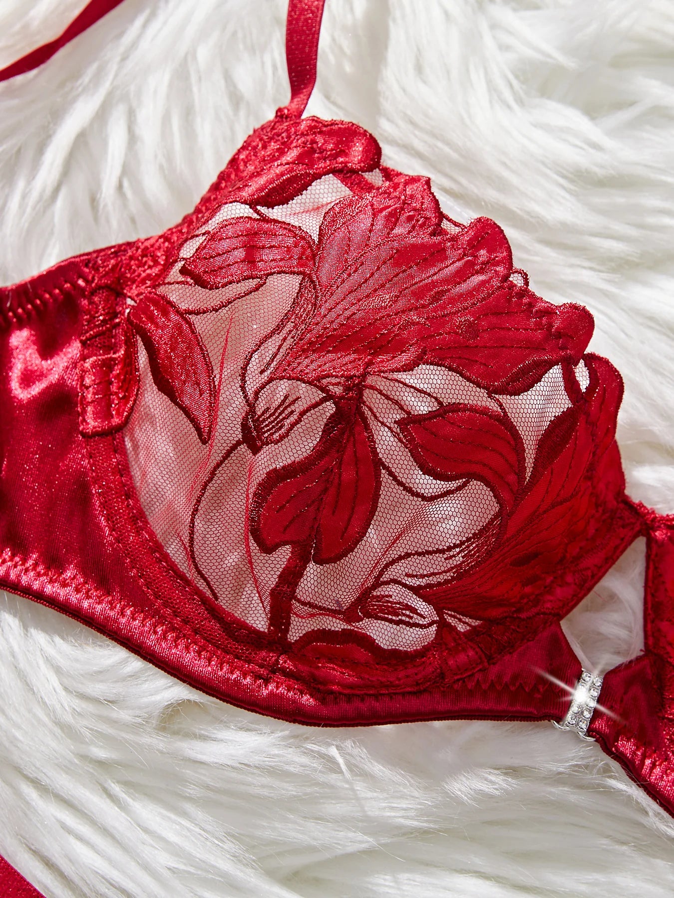 Floral Embroidery Sexy Lingerie Set – Women Transparent Bralette, Underwire Push Up Bra, Panty 2-Piece Set