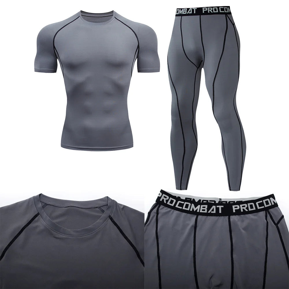 2PCS Men's Compression Sportswear – Gym Tight Yoga Set, Workout Jogging MMA Fitness Tracksuit Pants