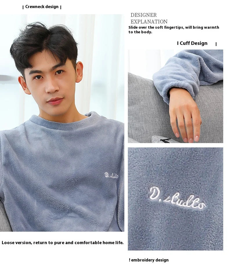 Men's Coral Velvet Pajamas – Thickened, Warm, Long Sleeve & Trousers, Solid Color, Soft Sleepwear, Autumn Winter 2PCS Set