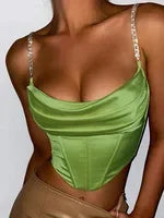 Women's Diamond Chain Crop Top – Aesthetic, Solid Color, Y2K Streetwear, Sleeveless, Thin Straps, Corset Style, Camisole