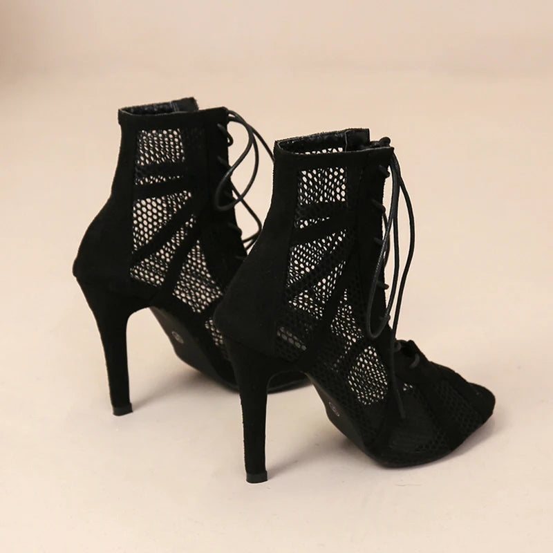 Sexy High Heels – Hollow Mesh Sandals, Summer Cross-Tied Peep Toe Heeled Sandals, Ankle Strap Dance Shoes