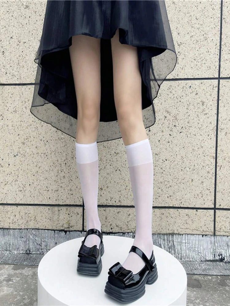 4 Pairs Black White Semi-Transparent Nylon Socks – Classic, Versatile, Comfortable, Breathable, Suitable for Daily Wear