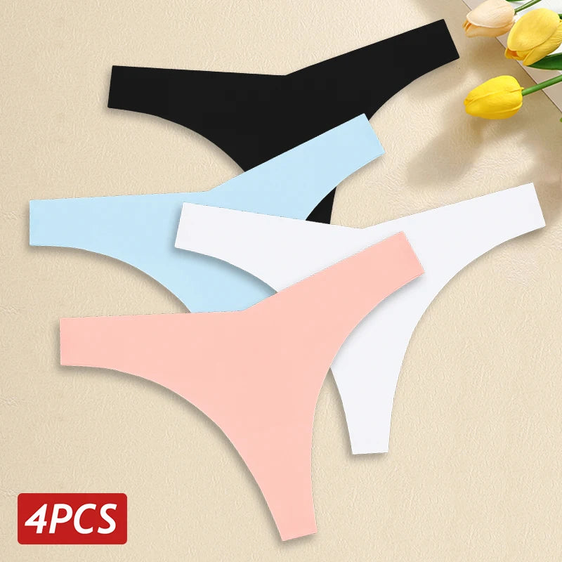 4PCS Women's Seamless Ice Silk Thongs – Sexy, Low Waist, Ultra-Thin, Breathable, T-Back Underwear, No Trace Lingerie