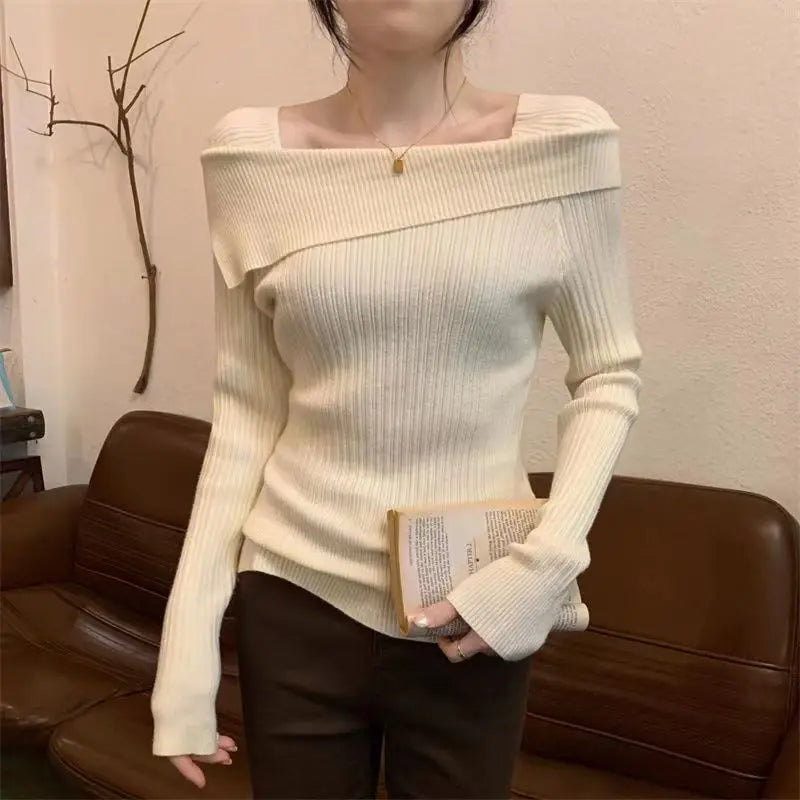 Slim Off-Shoulder Knitted Sweater – Slash Neck, Long Sleeve, Sexy Office Fashion