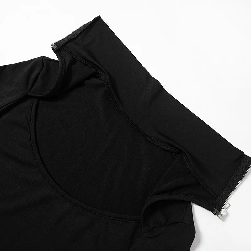 Zip Turtleneck Buckle Cutout Bodysuit – Long Sleeve, Sexy Club Romper, Black Techwear Jumpsuit for Women